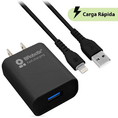 COMBO CARGA RÁPIDA: CARGADOR USB V3.0 + CABLE LIGHTNING. NEGRO (6001356) - Brobotix
