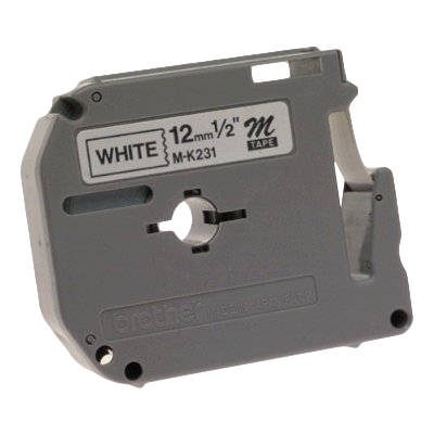 Etiqueta blanca continua plástica no laminada Brother M231 - de 12 mm de ancho x 8 mts de largo. Impresión en negro.