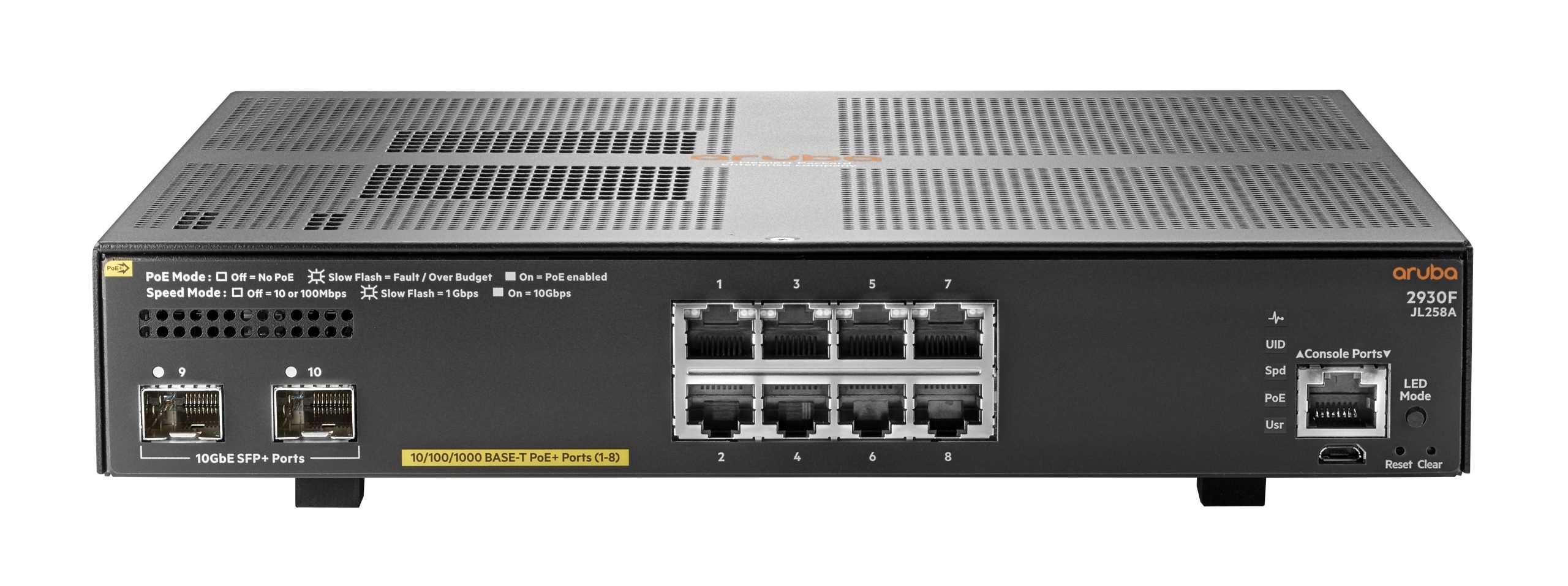 Switch Aruba JL258A Gigabit Ethernet 2930F 8G PoE+ 2SFP+ - 8 Puertos PoE+ 10/100/1000Mbps + 2 Puertos SFP+