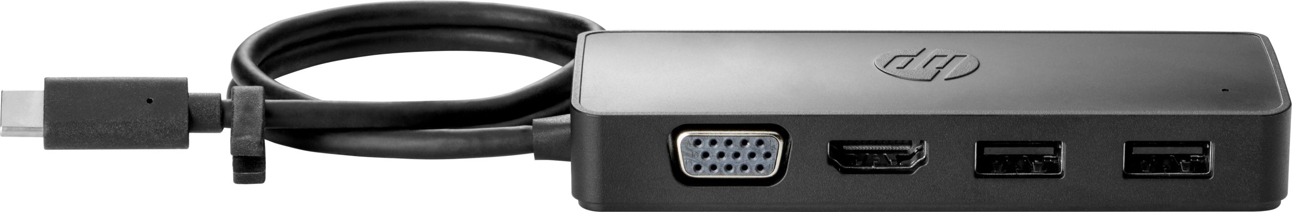 HP Travel Hub 7PJ38AA  USB Type-C - HDMI: 3840 x 2160 a 30 Hz; 1 VGA: 1080p a 60 Hz; 2 puertos USB-A 3.0 de carga