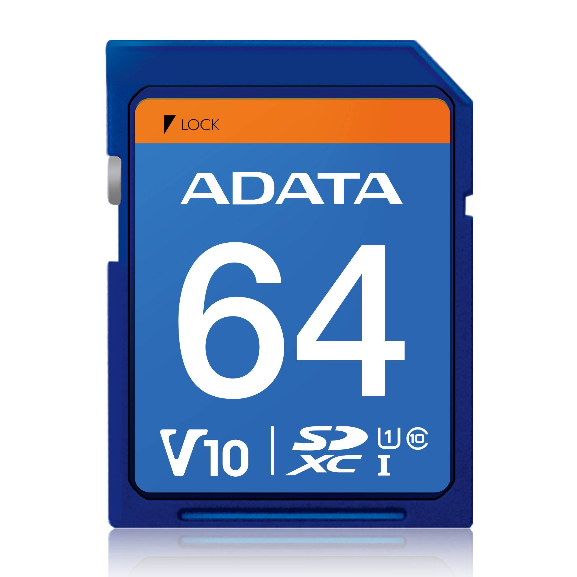 Memoria SD (SDXC) 64GB ADATA CLASE 10 (V10) - Velocidad hasta 100MB/25MB por seg.  ASDX64GUICL10-R