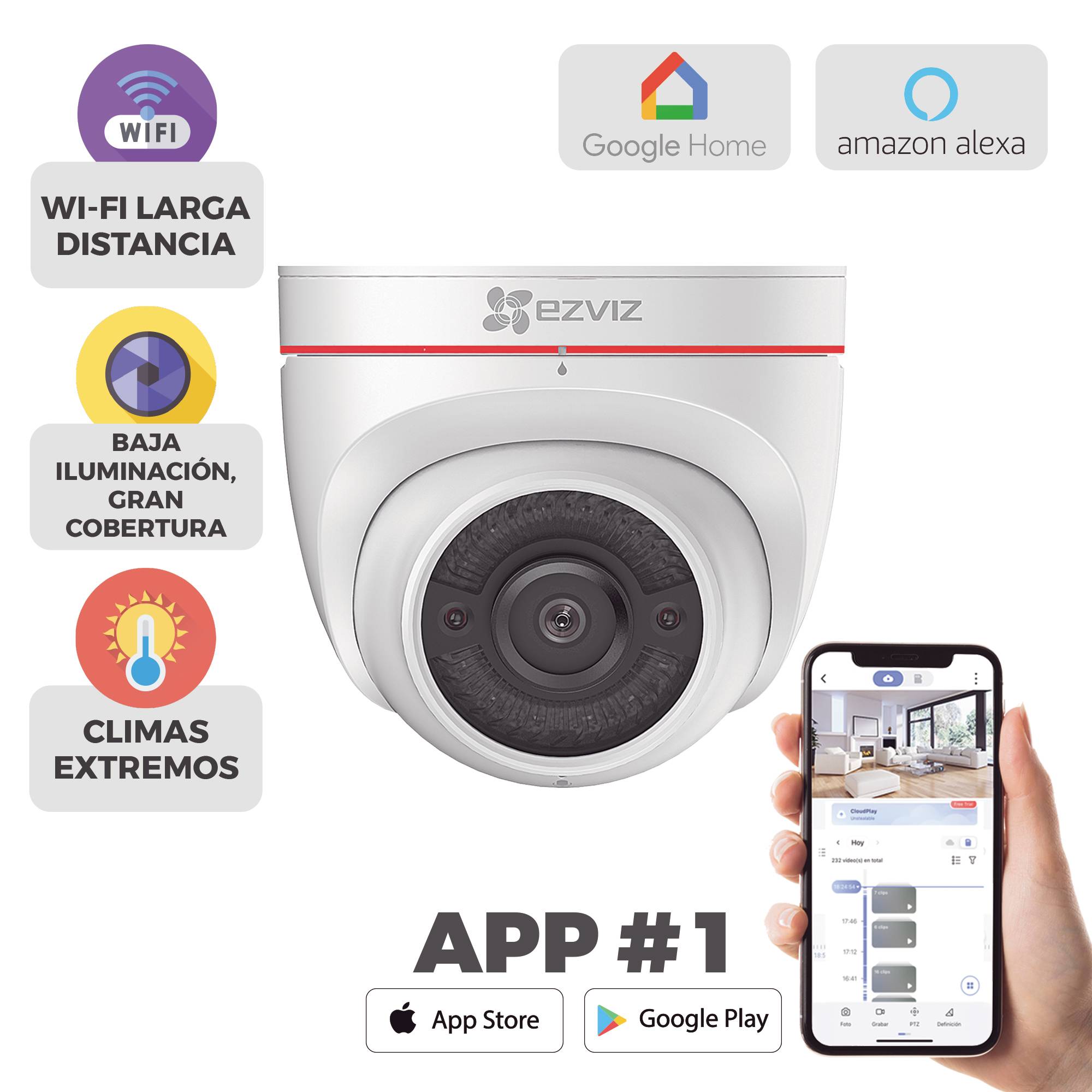 Cámara IP EZVIZ C4W - 2 Megapixel / WiFi / Lente 2.8 mm / IP67 / IR 30 metros /Sirena y Estrobo / Grabación en la nube / Notificación Push