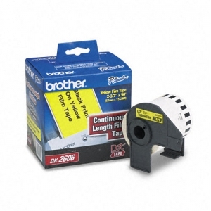 Etiqueta amarilla plástica continua no laminada Brother DK2206 de 62 mm de ancho x 15.2 mts de largo. Impresión en negro. QL800 / QL810W / QL1110NWB. -