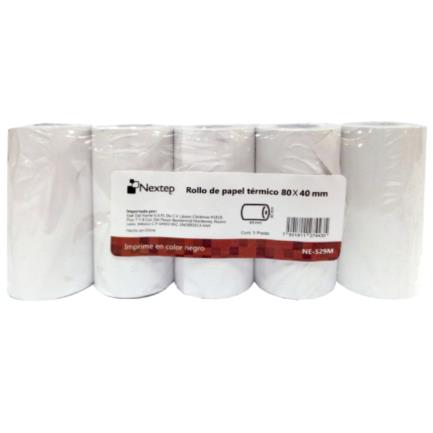 Rollo de Papel Nextep Térmico NE-529M 80x40 mm c/5 piezas gramage 55 y largo 14m + 5  impresión color negro -