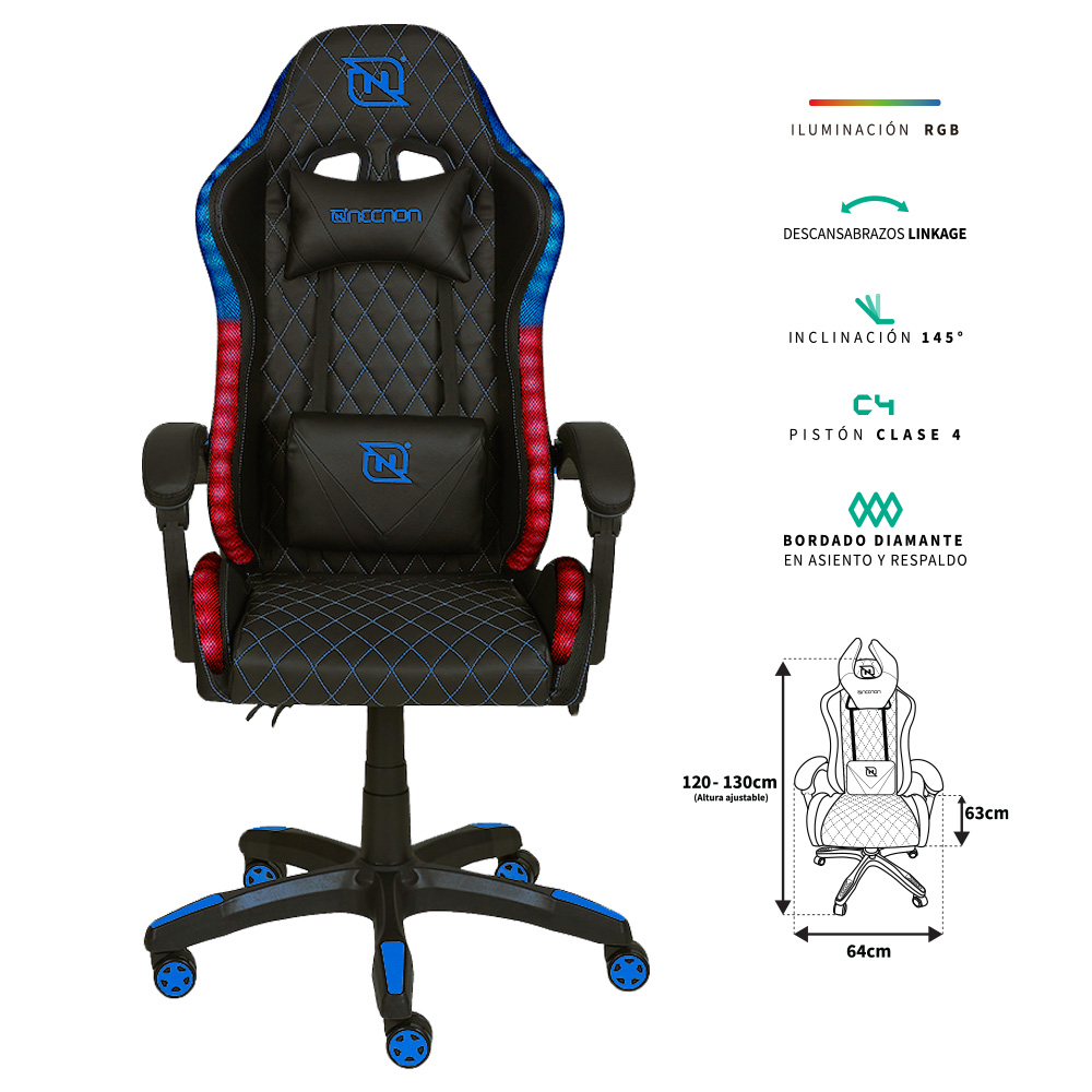 SILLA GAMER RGB INCLINACION RESPALDO 145 CLASE 4 140-150KG NSG-RGB1 FOAM 350MM 63CM*64CM*121-131CM COJIN LUMBAR Y CABEZA NEGRO/AZUL -