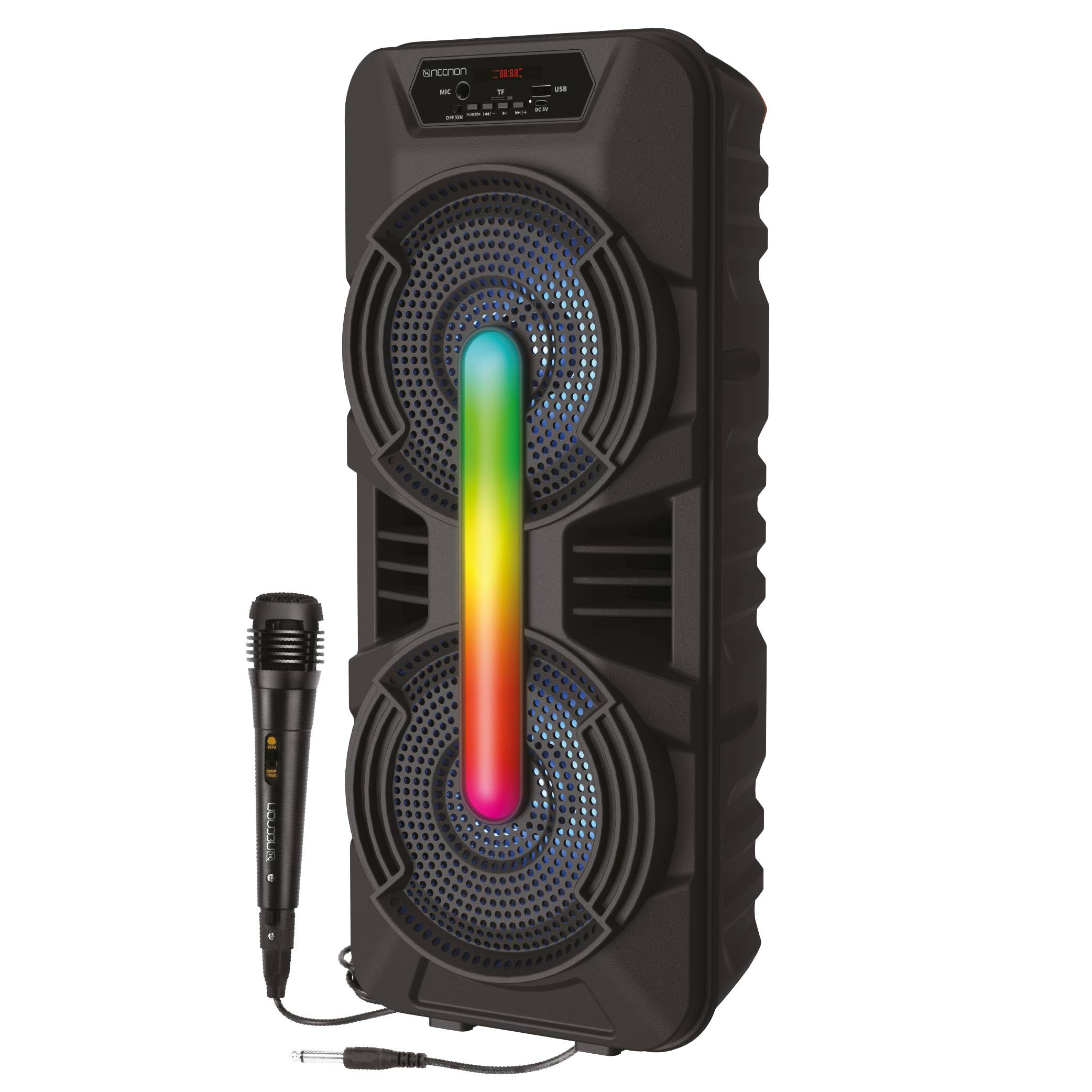 Bafle Karaoke NECNON Bluetooth Doble 8 pulgadas NB-08X TWS Incluye Microfono Alambrico Radio FM Micro SD USB Barra De Luz Iluminacion LED 7400 WATTS Displa -