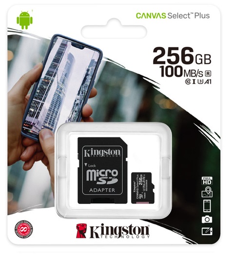 MEMORIA MICROSD KINGSTON CANVAS SELCT PLUS 256GB R.100MB/S W.85MB/S CL10 UHS-I U3 V30 A1 -