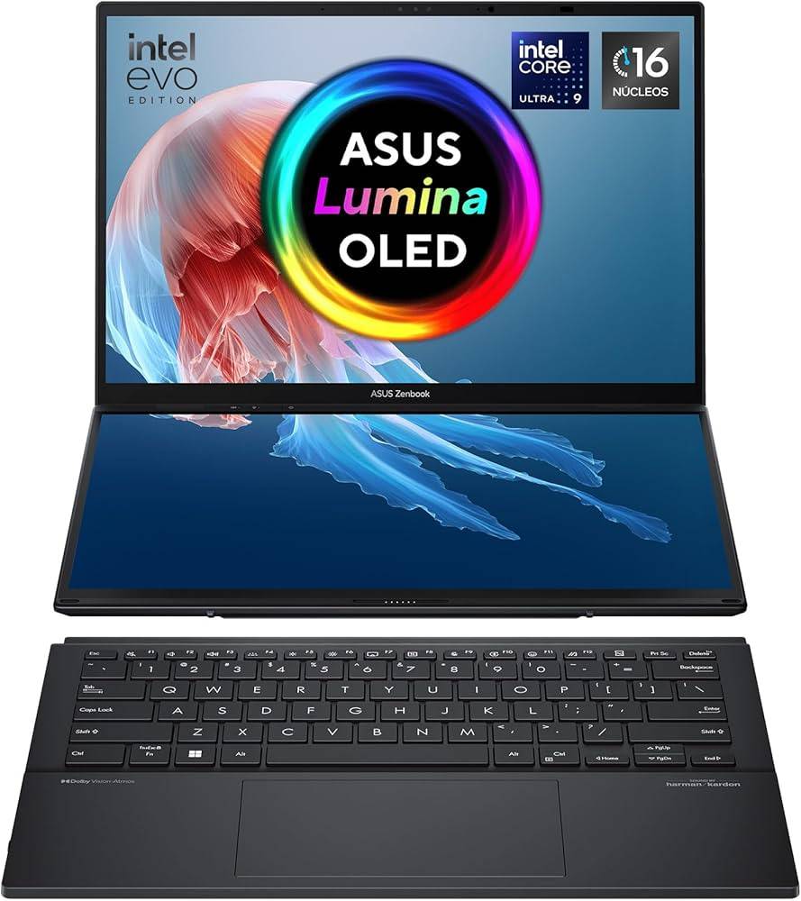 Laptop ASUS Zenbook Duo UX8406MA CORE ULTRA 9 CORE ULTRA 9 185H 32GB 2TB PCIE G4 SSD 14.0 OLED WQXGA+(WQ+) 2880X1800 16:10 Stylus/Teclado en Español (Garan -