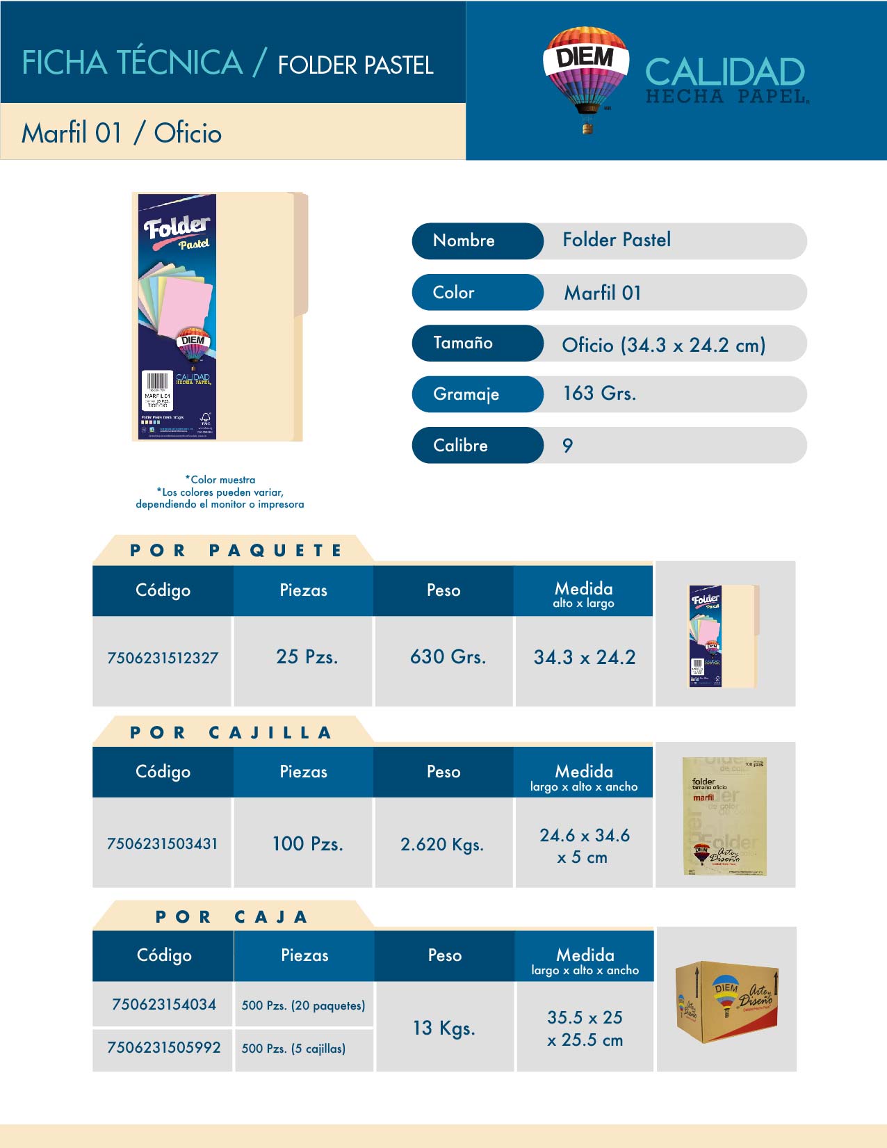 Folder Tamaño Oficio  DIEM. Color Crema. Cantidad: 100 folders. Gramaje 163 grs. Calibre 9. Tamaño 34.3 x 24.2 cm. MF01OC100 -