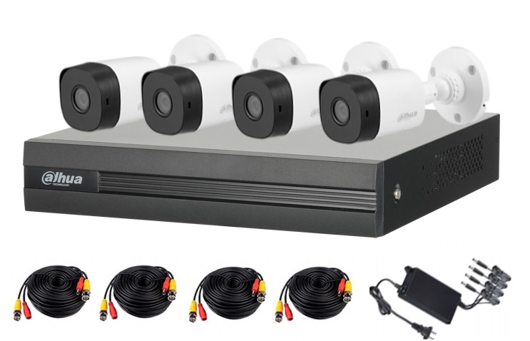 DAHUA KITXVR1B04-I1MP-2.8 - Kit de 4 canales con cámaras B1A11 de 1 mp - lente de 2.8mm y  93°. Soporta 4 canales más 1 IP o hasta 5 canales IP