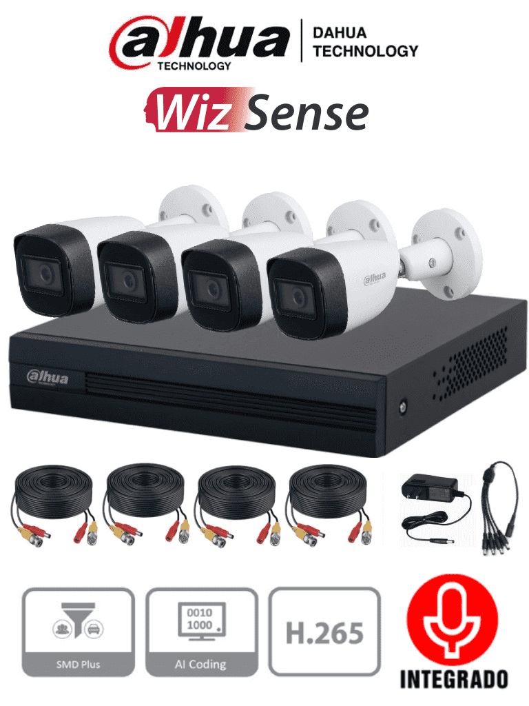 DAHUA KITXVR1B04-I+HFW1200CMA -Kit de 4 Incluye XVR 4 CH WizSH.265+ - 4 cámaras metálicas con micrófono