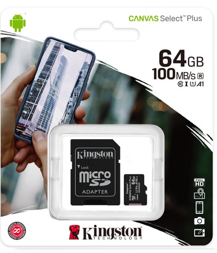 MEMORIA MICROSD KINGSTON CANVAS SELCT PLUS 64GB R.100MB/S CL10 UHS-I U1 V10 A1 -