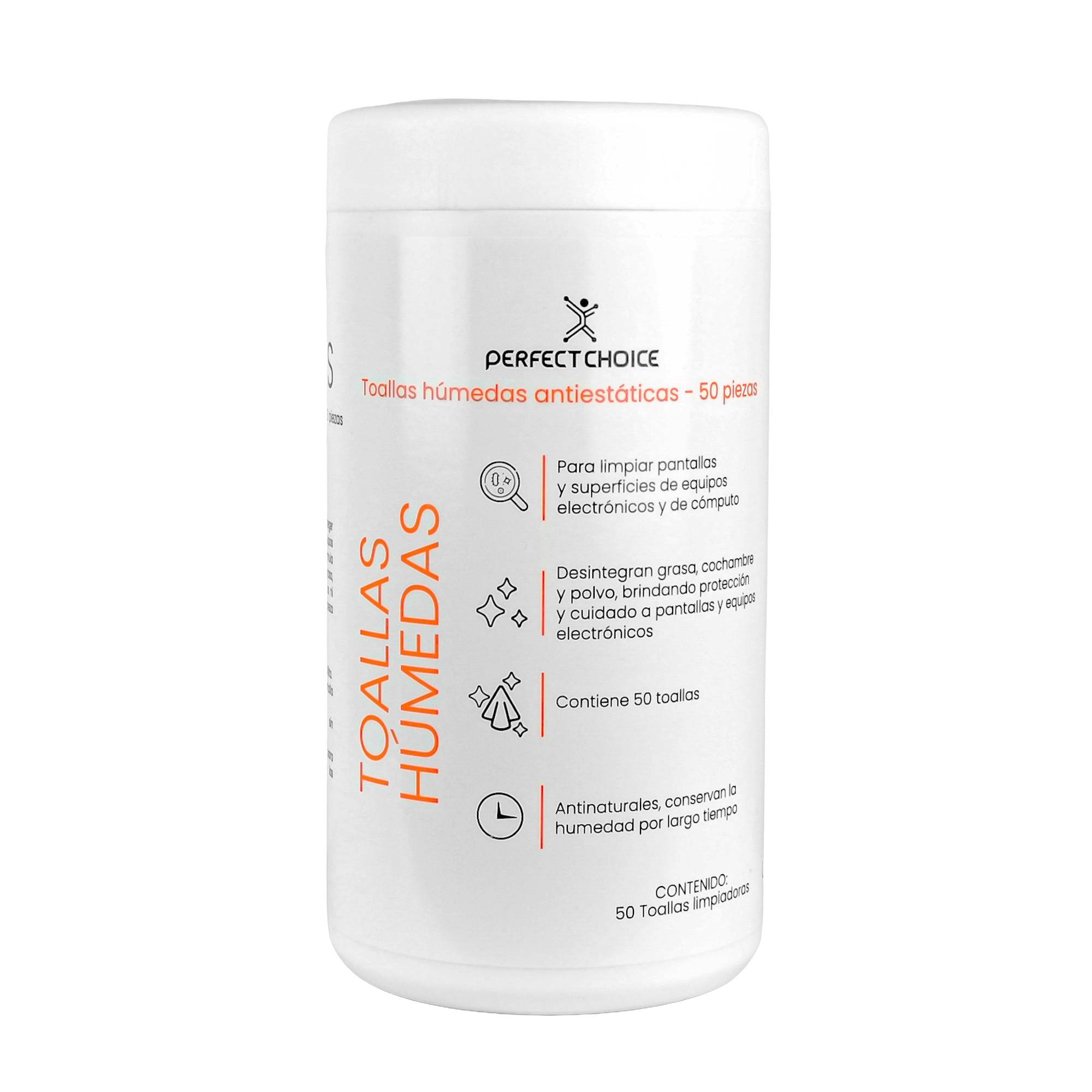 Toallas Limpiadoras para Equipos Eléctricos Bote con 50 pzas | PERFECT CHOICE -