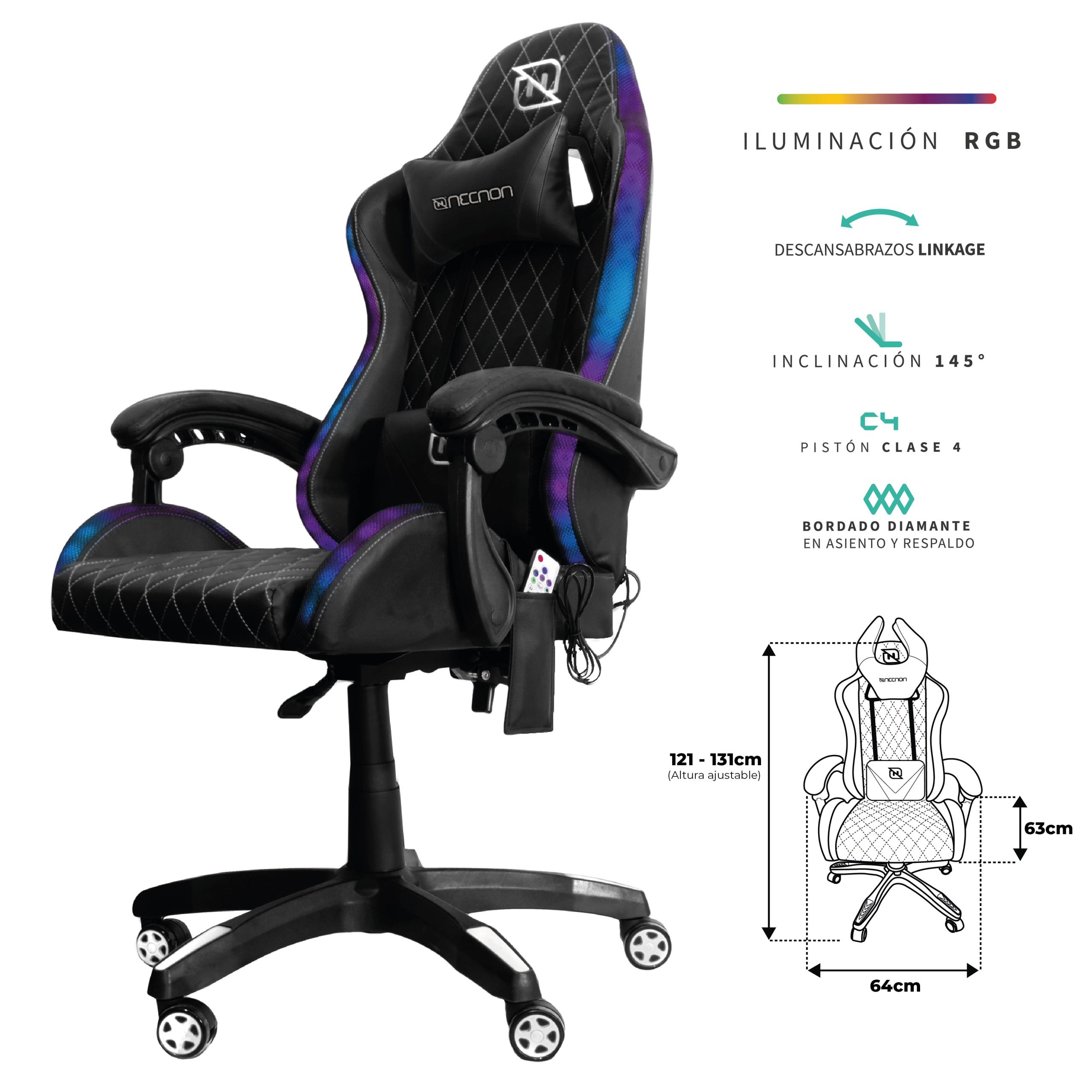 SILLA GAMER RGB INCLINACION RESPALDO 145° CLASE 4 140-150KG NGS-01 FOAM 350MM 63CM*64CM*121-131CM RUEDA 5 PULGADAS COJIN LUMBAR Y CABEZA NEGRO/BLANCO -