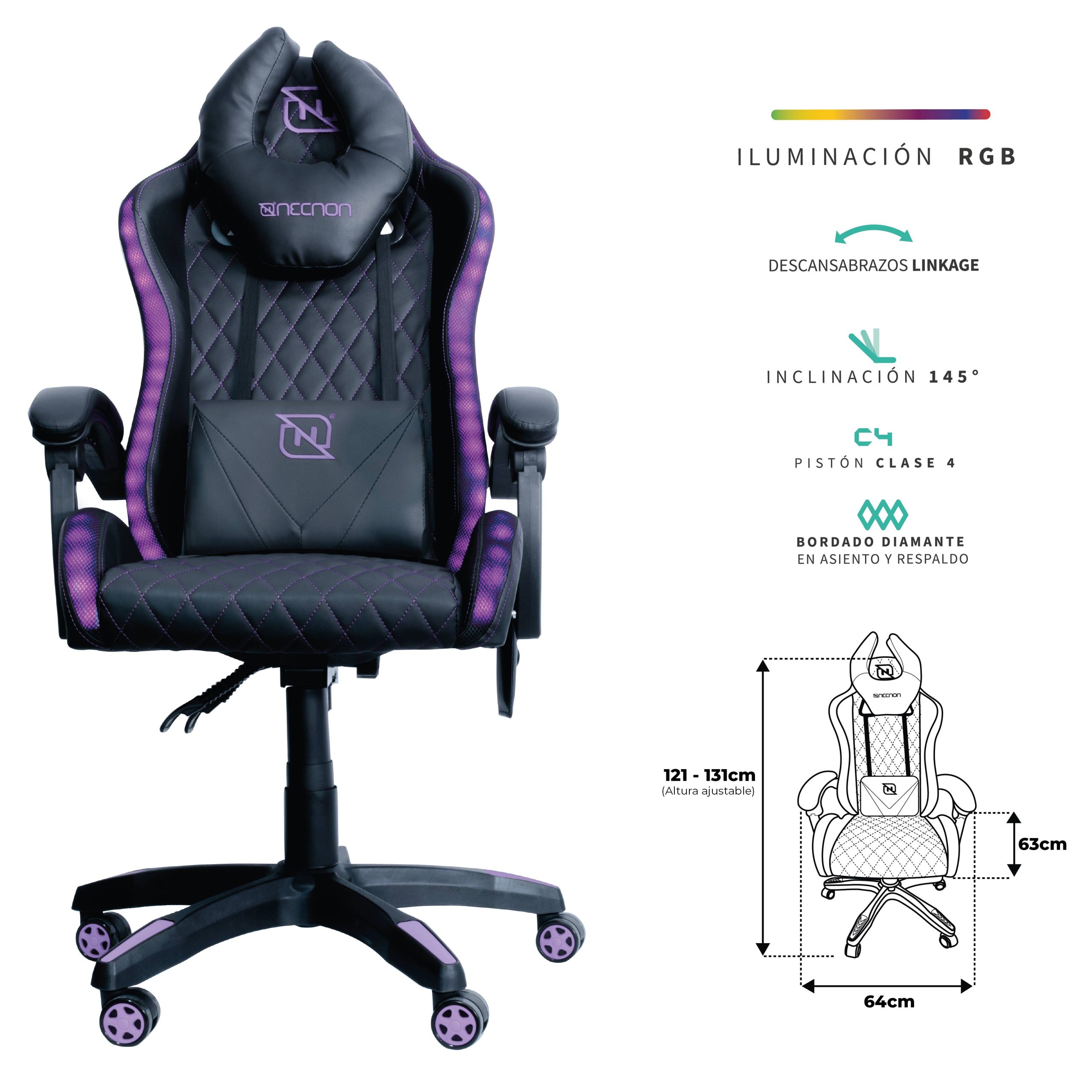 SILLA GAMER RGB INCLINACION RESPALDO 145 CLASE 4 140-150KG NSG-RGB1 FOAM 350MM 63CM*64CM*121-131CM COJIN LUMBAR Y CABEZA NEGRO/ROSA -